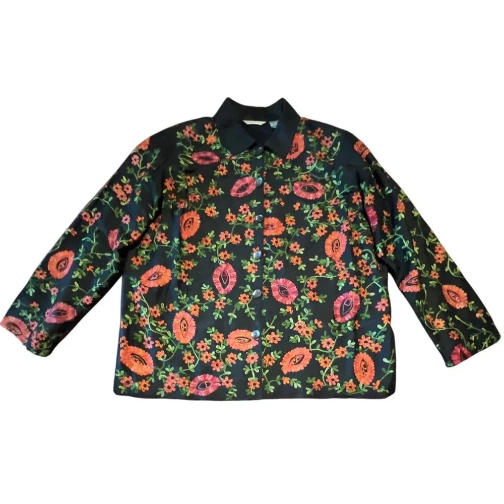 Laura Ashley Floral Embroidered Silk Jacket M Black Multicolor Cottage Core Boho